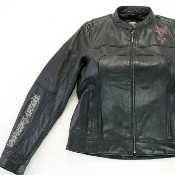 Harley Davidson women’s black leather embroidered jacket size XS - Picture 2 of 10